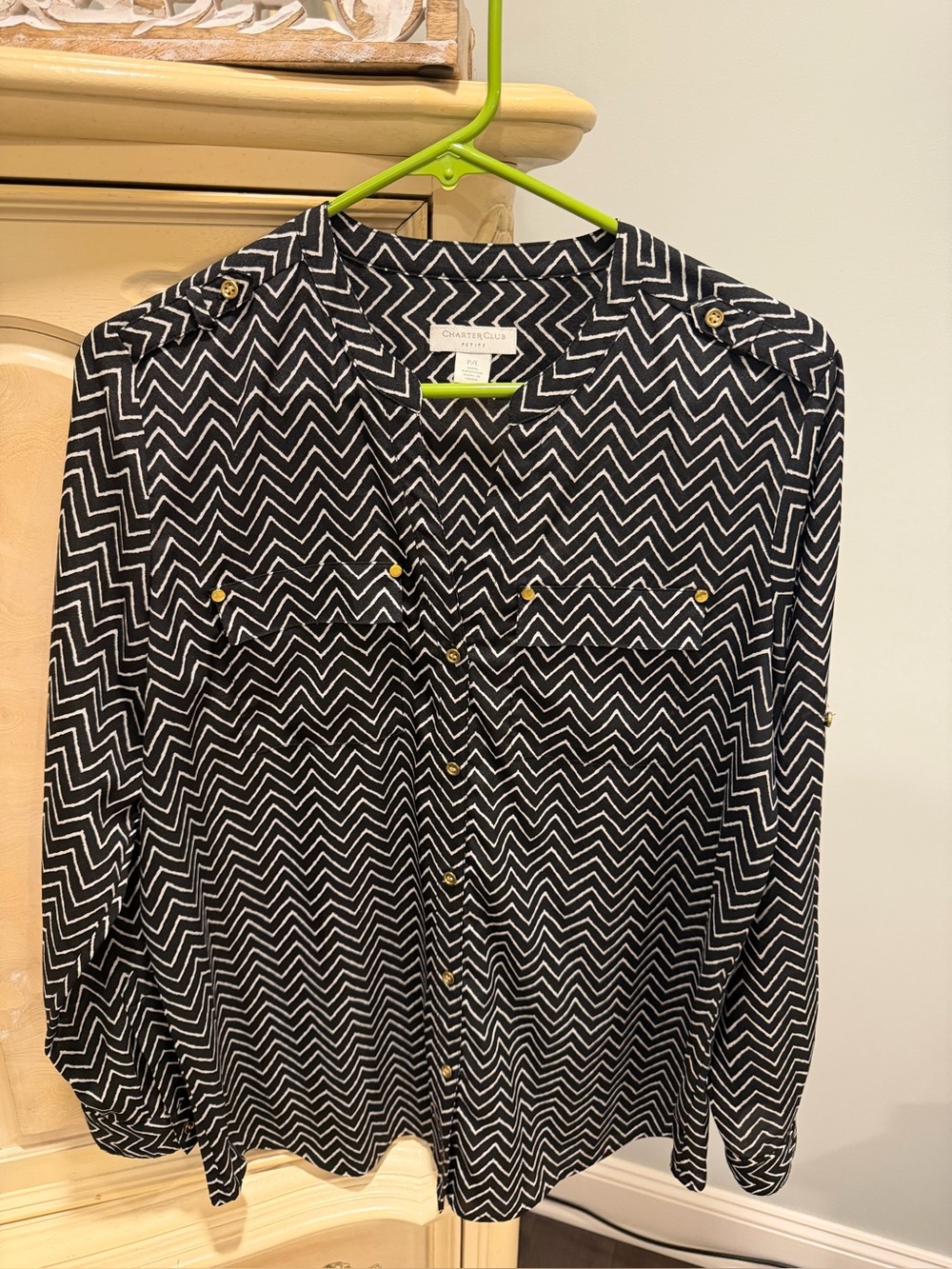 Charter Club Black and White Zigzag Button-Front Shirt with Gold Accents